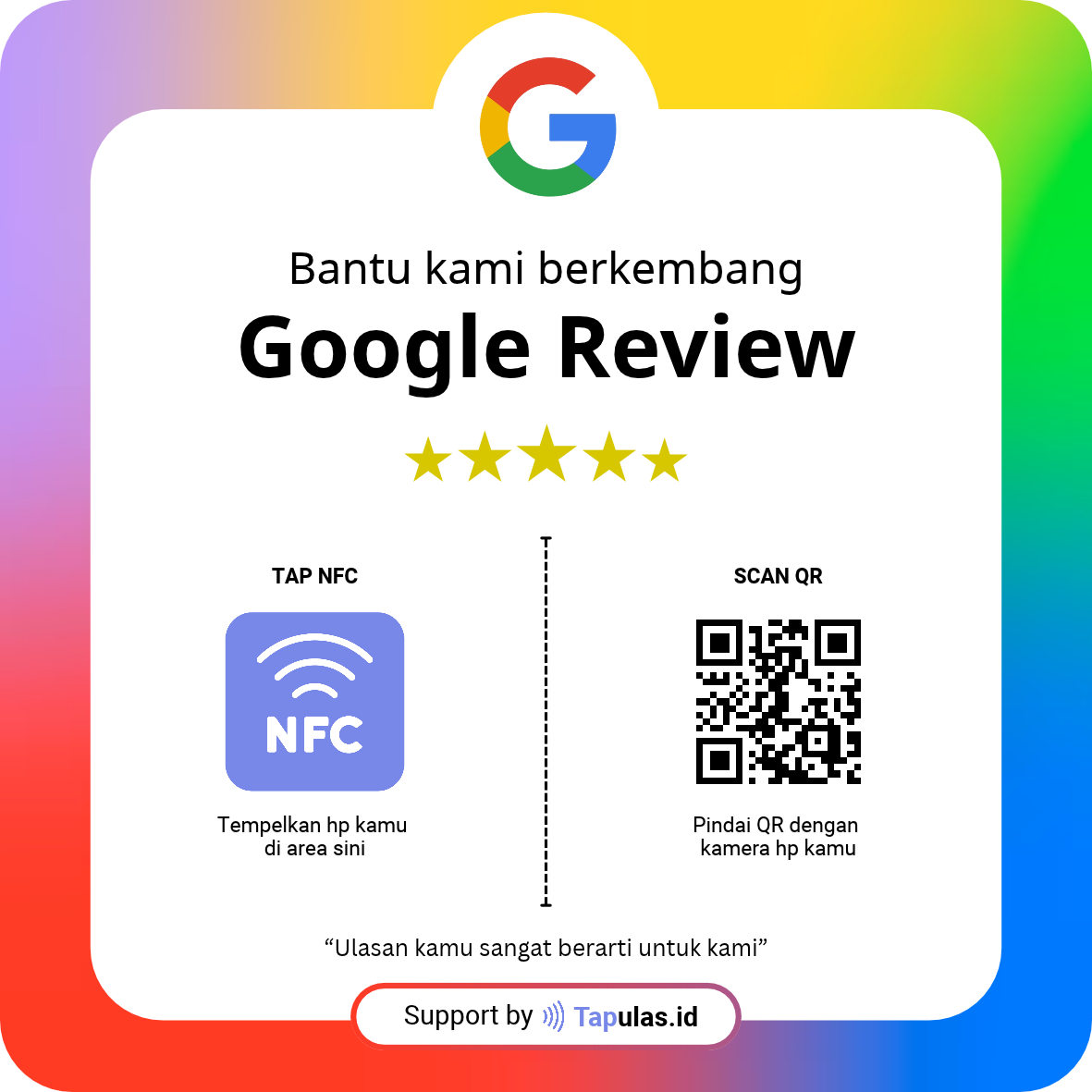 Kartu Tapulas dengan desain Google Review berbingkai warna, area tap NFC, dan QR demo